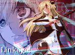  1girl artist_name blonde_hair blood blood_on_face brown_necktie character_name clenched_teeth collared_dress dress duel_monster fumio_(fumifumi) green_eyes heterochromia highres holding holding_sword holding_weapon long_hair long_sleeves necktie red_eyes sky_striker_ace_-_raye solo sword teeth thighhighs torn_clothes torn_thighhighs two-tone_dress weapon yu-gi-oh! 