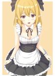  1girl alternate_costume apron black_bow black_hair blonde_hair blush border bow breasts cleavage collarbone commentary_request crossed_bangs detached_collar dress frills hair_bow highres holding_another&#039;s_wrist kurodani_yamame long_hair looking_at_viewer maid medium_breasts miso_inpakuto neck_ribbon open_mouth outline outside_border paid_reward_available pointy_ears ribbon simple_background smile solo touhou waist_apron white_border white_outline wrist_cuffs yellow_background 