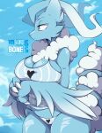  altaria anthro blue_body clothing cloud digital_media_(artwork) eyebrows female fusion generation_3_pokemon generation_5_pokemon hi_res legendary_pokemon nintendo outside pokemon pokemon_(species) reshiram skwidbone solo text 