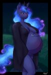  2023 5_fingers absurd_res anthro anthrofied belly big_belly big_breasts blue_body blue_eyes blush breasts clothed clothing crown equid equine eyebrows female fingers friendship_is_magic hand_on_own_belly hasbro headgear hi_res horn mammal my_little_pony pregnant princess_luna_(mlp) pseudo_hair robe signature solo standing tiara unicorn unicorn_horn zendrid 