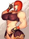  1girl abs belt biceps blue_sky bob_cut breasts chain come_hither covered_nipples crop_top fumio_(rsqkr) gladiator highres huge_breasts index_finger_raised jewelry lipstick makeup marisa_(street_fighter) muscular muscular_female necklace pillar red_hair shorts skirt sky smile solo street_fighter street_fighter_6 wide_hips 