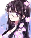  1girl artist_name black-framed_eyewear black_hair blue_background blush closed_mouth commentary expressionless falling_petals glasses himawari-san himawari-san_(character) lips long_hair long_neck looking_at_viewer petals pink_lips portrait purple_eyes signature simple_background solo sugano_manami symbol-only_commentary two-tone_background white_background 