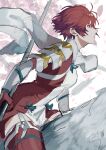  absurdres armor breasts facing_to_the_side fire_emblem fire_emblem_fates highres hinoka_(fire_emblem) holding holding_polearm holding_weapon japanese_armor japanese_clothes looking_to_the_side medium_breasts medium_hair polearm red_eyes red_hair runteya thighhighs weapon 