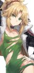  1girl black_jacket blonde_hair braid breasts clarent_(fate) collar collarbone dress fate/apocrypha fate/grand_order fate_(series) french_braid green_dress green_eyes highres jacket long_hair long_sleeves looking_at_viewer mordred_(fate) mordred_(fate/apocrypha) open_clothes open_jacket parted_bangs ponytail sidelocks small_breasts solo sword tonee torn_clothes torn_dress weapon 