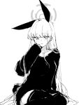  1girl animal_ears blue_archive blush citron80citron fake_animal_ears greyscale halo long_hair monochrome rabbit_ears signature simple_background sitting solo sweater thighhighs toki_(blue_archive) very_long_hair 