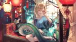  1girl adjusting_hair blonde_hair blue_shirt blue_skirt evil_smile kicchou_yachie lantern looking_at_viewer orange_eyes otter_spirit_(touhou) shirt short_hair signature sitting skirt smile solo touhou toutenkou 