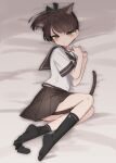  1girl animal_ears black_socks brown_eyes brown_hair brown_sailor_collar brown_skirt cat_ears cat_tail extra_ears full_body kantai_collection looking_at_viewer lying on_side one-hour_drawing_challenge pleated_skirt ponytail sailor_collar school_uniform serafuku shikinami_(kancolle) shirt short_hair short_ponytail skirt socks solo tail white_shirt yamashichi_(mtseven) 