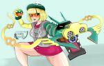  1girl absurdres arms_(game) battle blonde_hair blush cosplay dragon food green_eyes gym_trainer_(pokemon) gym_trainer_(pokemon)_(cosplay) hat highres mask mega_pokemon mega_rayquaza min_min_(arms) nintendo noodles pink_skirt poke_ball pokemon pokemon_(game) pokemon_swsh ramen rayquaza short_hair skirt solo sweater 