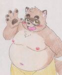  anthro belly blush brown_body brown_fur canid canine eyewear fur gesture glasses hi_res kounosuke_(morenatsu) male mammal moobs morenatsu nipples overweight raccoon_dog shirtless solo tabasukotrr tanuki traditional_media_(artwork) waving 