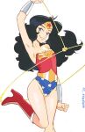  1girl aged_down armpits artist_name black_hair blue_eyes boots circlet commentary dc_comics diana_prince groin high_heel_boots high_heels knee_boots lasso lasso_of_truth leotard parted_lips signature smile solo sooperman standing standing_on_one_leg strapless strapless_leotard vambraces wonder_woman wonder_woman_(series) 