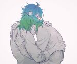  2boys blue_eyes blue_hair brothers crying from_argonavis green_hair grey_background grey_shirt himishiro hug long_sleeves looking_down male_focus multicolored_hair multiple_boys nijou_haruka nijou_kanata pink_hair shirt short_hair siblings twins 