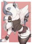  absurd_res ambiguous_gender anthro biped blue_body border bottomwear clothed clothing fur hi_res looking_at_viewer mega_absol mega_evolution nintendo pokemon pokemon_(species) red_background red_eyes side_view signature simple_background skirt solo white_body white_border white_fur wings zinfyu 