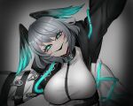  1girl :d abineko absurdres aqua_eyes arknights blush breasts commentary english_commentary fangs grey_hair head_tilt head_wings highres ho&#039;olheyak_(arknights) jacket large_breasts looking_at_viewer parted_lips short_hair simple_background smile solo upper_body wings 
