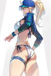  1girl aqua_eyes artoria_pendragon_(fate) ass ayakumo bikini blonde_hair fate/grand_order fate_(series) from_behind from_below hat long_hair looking_back mysterious_heroine_xx_(fate) ponytail side-tie_bikini_bottom solo swimsuit thigh_strap 