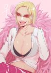  1girl black_bra blonde_hair bra breasts cleavage coat donquixote_doflamingo earrings feather_coat genderswap genderswap_(mtf) huge_breasts jewelry looking_at_viewer nashieda navel one_piece open_mouth pink_background pink_coat pink_lips red-tinted_eyewear shirt short_hair simple_background sitting smile solo sunglasses thread tinted_eyewear tongue tongue_out underwear white-framed_eyewear white_shirt 