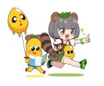  1boy 1girl :3 animal_ears bag balloon brown_hair chibi fake_animal_ears grey_hair highres holding leaf leaf_on_head mode_aim mzh peanuts-kun pointing ponpoko_(vtuber) raccoon_ears raccoon_girl raccoon_tail shirt simple_background sparkle tail virtual_youtuber white_background 