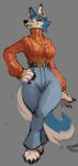  anthro belt bottomwear breasts buckle button_(fastener) canid canine canis clothing denim denim_clothing digital_media_(artwork) ear_piercing ear_ring eyewear female glasses jeans looking_at_viewer mammal open_mouth pajamamcham pants piercing ring_piercing solo sweater tail topwear wolf 