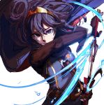  1girl blue_eyes blue_hair cape falchion_(fire_emblem) fire_emblem fire_emblem_awakening gloves hair_between_eyes highres holding holding_sword holding_weapon long_sleeves looking_at_viewer lucina_(fire_emblem) ramennamenn sheath solo sword tiara unsheathing upper_body weapon white_background 
