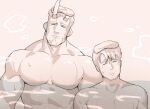  2boys =_= bara beard broken_horn brown_theme demon_boy demon_horns facial_hair happy highres horns kansuke_(kansuke_717) large_pectorals live_a_hero male_focus male_protagonist_(live_a_hero) mature_male multiple_boys muscular muscular_male nessen_(live_a_hero) nipples nude onsen pectorals relaxing shared_bathing short_hair thick_eyebrows towel towel_on_head upper_body 