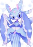  alternate_color blurry closed_mouth commentary crossed_legs looking_at_viewer lurantis pokemon pokemon_(creature) purple_eyes smile solo watermark watson_cross white_background yajuuraku 