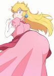  1girl :3 ass ass_focus blonde_hair blue_eyes closed_mouth commentary_request crown dress dutch_angle earrings elbow_gloves from_behind from_below gloves hair_between_eyes hair_flaps hand_up happy heart highres huge_ass jewelry kurachi_mizuki leaning_forward long_dress long_hair looking_at_viewer looking_back mario_(series) pink_dress princess_peach puffy_short_sleeves puffy_sleeves short_sleeves sidelocks simple_background smile solo split_mouth standing white_background white_gloves yellow_headwear 