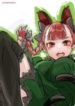  1girl animal_ears black_bow black_thighhighs blunt_bangs blush bow breasts cat_ears cat_tail commentary_request dress earrings extra_ears fangs foot_out_of_frame from_below green_dress green_outline hair_bow hair_ribbon hand_up holding holding_hair jewelry kaenbyou_rin medium_breasts multiple_tails nail_polish nekomata open_mouth outline over-kneehighs red_eyes red_hair red_nails ribbon simple_background sinzan slit_pupils solo tail thighhighs touhou tress_ribbon two_tails v-shaped_eyebrows white_background 