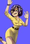  1girl absurdres belt breasts cleavage collared_dress dinocore dress glasses high_heels highres kaya_(dinocore) large_breasts looking_at_viewer purple_eyes purple_hair short_hair simple_background solo struggling4rt sweat tripping watch yellow_dress 