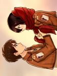  1boy 1girl black_eyes black_hair brown_hair eren_yeager from_side hair_between_eyes holding holding_clothes holding_scarf hunnymzdraws looking_at_another mikasa_ackerman paradis_military_uniform red_scarf scarf shingeki_no_kyojin short_hair simple_background survey_corps_(emblem) twitter_username upper_body watermark yellow_background 