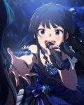 2girls bare_shoulders black_hair blue_dress blue_eyes blue_sapphire_(idolmaster) blush breasts collarbone dress earrings feather_hair_ornament feathers fingerless_gloves gloves hair_ornament idol idolmaster idolmaster_(classic) idolmaster_million_live! idolmaster_million_live!_theater_days jewelry kisaragi_chihaya long_hair looking_at_another microphone mogami_shizuka multiple_girls music official_art open_mouth outstretched_hand plaid plaid_dress singing single_fingerless_glove small_breasts smile solo_focus sweat 