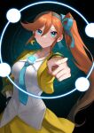  1girl ace_attorney athena_cykes blue_eyes blue_necktie blue_ribbon closed_mouth crescent crescent_earrings earrings gumi_(gelatin) hair_ribbon hand_on_own_hip highres jacket jewelry long_hair long_sleeves looking_at_viewer necklace necktie open_clothes open_jacket orange_hair pointing pointing_at_viewer ribbon shirt side_ponytail single_earring skirt smile solo swept_bangs upper_body white_shirt yellow_jacket yellow_skirt 
