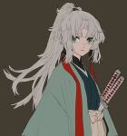  1girl brown_background commentary_request fate/samurai_remnant fate_(series) fgo39625963 green_eyes grey_hair haori highres japanese_clothes katana kimono long_hair looking_at_viewer ponytail sheath sheathed simple_background solo sword very_long_hair weapon yui_shousetsu_(fate) 