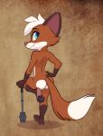  2023 anthro blue_eyes brown_body brown_fur brown_tail butt canid canine dipstick_tail female fox fur hi_res looking_back mace mammal markings melee_weapon multicolored_body multicolored_fur nude pawpads paws raised_leg simple_background siroc solo tail tail_markings two_tone_tail weapon white_body white_fur white_tail 