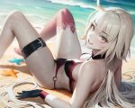  1girl ahoge beach bikini black_bikini breasts cleavage closed_mouth covered_nipples fate/grand_order fate_(series) from_behind fur_collar grey_hair jeanne_d&#039;arc_alter_(fate) jeanne_d&#039;arc_alter_(swimsuit_berserker)_(fate) knees_up looking_at_viewer looking_back lying medium_breasts o-ring o-ring_bikini o-ring_bottom o-ring_top ocean on_back ryan_tien smile solo swimsuit thigh_strap white_hair yellow_eyes 