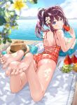  1girl ass backless_swimsuit bare_arms bare_back bare_shoulders barefoot beach_mat blue_sky blurry blurry_foreground blush book branch breasts brown_hair casual_one-piece_swimsuit cloud cloudy_sky commentary crossed_bangs cushion dappled_sunlight day english_commentary feet feet_up flower food foreshortening fruit grapes grin hair_between_eyes hair_flower hair_ornament hat highres holding holding_food large_breasts legs long_hair looking_back lying matsuzaki_miyuki mountainous_horizon ocean on_back on_stomach one-piece_swimsuit open_book orange_(fruit) original outdoors plaid plaid_swimsuit purple_eyes sideboob sky smile soles solo spaghetti_strap sunlight swimsuit toes twintails water watermelon watermelon_slice white_flower 