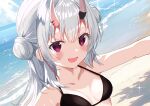  1girl absurdres bare_shoulders beach bikini black_bikini blue_sky blush breasts cleavage collarbone double_bun fang hair_between_eyes hair_bun highres hololive horns long_hair looking_at_viewer nakiri_ayame ocean oni_horns open_mouth red_eyes ruushe0416 sand sidelocks sky small_breasts swimsuit white_hair 