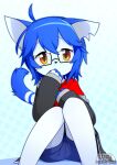  2017 4_fingers abstract_background ahoge amber_eyes anthro artist_logo artist_name biped black_clothing black_hoodie black_nose black_topwear blue_background blue_body blue_bottomwear blue_clothing blue_ears blue_fur blue_hair blue_outline blue_shorts blue_tail blush blush_lines bottomwear clothed clothing covering covering_mouth devil-vox devy_(devil-vox) digital_drawing_(artwork) digital_media_(artwork) domestic_cat eyewear felid feline felis fingers fully_clothed fur glasses hair hoodie logo looking_at_viewer male mammal monotone_ears monotone_hair multicolored_body multicolored_fur notched_ear open_clothing open_hoodie open_topwear outline pattern_background raised_tail rectangular_glasses red_clothing red_shirt red_t-shirt red_topwear shirt shorts simple_background sitting sitting_on_ground solo star-shaped_background t-shirt tail topwear two_tone_body two_tone_fur two_tone_tail young 