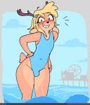  anthro beach blonde_hair blue_clothing blue_eyes blush bulge clothing cute_expression deer girly hair horn looking_at_viewer male mammal one-piece_swimsuit seaside sky solo swimwear unknown_artist 