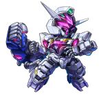  chibi clenched_hand extra_arms gundam gundam_lfrith_jiu gundam_suisei_no_majo gundam_suisei_no_majo:_vanadis_heart looking_to_the_side mecha mobile_suit no_humans open_hand purple_eyes robot science_fiction simple_background taedu thrusters v-fin white_background 