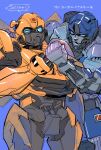  autobot blue_background blue_eyes bumblebee_(transformers) clenched_hand head_tilt highres looking_at_viewer mecha mi_(q9_zjmimimi) mirage_(transformers) no_humans open_mouth robot smug transformers transformers:_rise_of_the_beasts transformers_(live_action) 