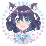  1girl animal_ears bell black_hair blue_bow blue_eyes bow cat_ears cat_girl cyan_(show_by_rock!!) looking_at_viewer mel6969 neck_bell open_mouth show_by_rock!! sketch smile solo wavy_hair white_background 