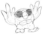  animal_focus bird closed_mouth clothed_pokemon commentary full_body greyscale highres lineart monochrome no_humans pokemon pokemon_(creature) rowlet shutter_shades simple_background solo sunglasses white_background zen_migawa 