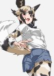  1girl african_wild_dog_(kemono_friends) african_wild_dog_print animal_ears black_bow black_bowtie blush bow bowtie brown_eyes brown_hair collared_shirt commentary cowboy_shot cutoff_jeans cutoffs denim denim_shorts dog_ears dog_girl dog_tail extra_ears from_below grey_background highres kemono_friends light_brown_hair long_sleeves looking_at_viewer open_mouth pantyhose print_pantyhose print_sleeves shirt short_hair short_shorts short_sleeves shorts sidelocks simple_background solo sweatdrop tail tanabe_(fueisei) white_shirt 
