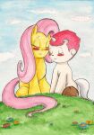  2014 blue_body blush child cloud crossover daww day duo equid equine eyes_closed female feral fluttershy_(mlp) friendship_is_magic fur graphite_(artwork) grass hair hasbro hi_res hooves horn male mammal mane my_little_pony osamu_tezuka pegasus pencil_(artwork) pink_hair pink_mane plant sanrio sitting smile souleatersaku90 traditional_media_(artwork) unico unico_(series) unicorn white_body white_fur wings yellow_body yellow_fur young 