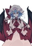  1girl absurdres bat_wings blue_hair bow dress frilled_shirt frilled_shirt_collar frilled_sleeves frills hair_between_eyes hat highres himadera looking_at_viewer mob_cap puffy_sleeves red_bow red_eyes red_ribbon remilia_scarlet ribbon riding_crop shirt short_hair simple_background solo touhou translated twitter_username vampire white_background wings 