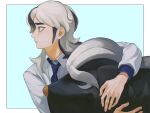  1boy arven_(pokemon) black_hair blue_necktie collared_shirt from_side grey_hair highres kawatiw long_hair long_sleeves mabosstiff male_focus multicolored_hair necktie parted_lips pokemon pokemon_(creature) pokemon_sv profile shirt simple_background upper_body white_shirt 