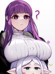  2girls ? absurdres anger_vein blunt_bangs breast_rest breasts breasts_on_head english_commentary fern_(sousou_no_frieren) frieren green_eyes highres izulizuru large_breasts long_hair multiple_girls parted_bangs pointy_ears purple_eyes purple_hair simple_background sousou_no_frieren white_background white_hair 