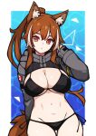  1girl absurdres animal_ears bacon_strips bikini black_bikini borrowed_character breasts brown_eyes brown_hair cleavage commission fox_ears fox_tail highres large_breasts long_hair long_sleeves looking_at_viewer navel original ponytail solo swimsuit tail white_hair 