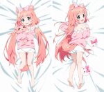  1girl absurdres animal_ear_fluff animal_ears bare_shoulders barefoot bed_sheet blue_eyes bow chromu dakimakura_(medium) flat_chest full_body hair_bow halterneck highres indie_virtual_youtuber kisaniyav long_hair long_sleeves lying multiple_views off-shoulder_sweater off_shoulder on_back on_stomach open_mouth pink_bow pink_sweater puffy_long_sleeves puffy_sleeves short_shorts shorts soles striped striped_bow sweater tail toenails toes twintails very_long_hair virtual_youtuber white_shorts 