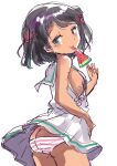  ass black_eyes black_hair butt_crack commentary_request cowboy_shot dress food fuji_(pixiv24804665) highres kantai_collection looking_at_viewer low-cut_armhole mole mole_under_eye panties popsicle red_ribbon ribbon sailor_collar sailor_dress scirocco_(kancolle) short_hair simple_background sleeveless sleeveless_dress solo striped striped_panties tan tongue tongue_out two_side_up underwear watermelon_bar white_background white_dress white_sailor_collar 