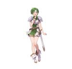  1girl absurdres armor belt boots breastplate commentary_request dress earrings fee_(fire_emblem) fire_emblem fire_emblem:_genealogy_of_the_holy_war fire_emblem_heroes full_body gold_trim green_eyes grey_hair hand_on_own_chest hand_up headband highres jewelry looking_at_viewer official_art open_mouth sheath sheathed short_dress short_hair short_sleeves shoulder_armor simple_background smile solo standing sword teeth upper_teeth_only weapon white_background white_headband yuko_(uc_yuk) 